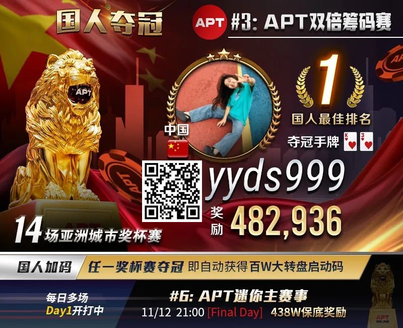 【DD扑克】APT国人首冠出炉！顺子撞同花成夺冠契机，关键河杀yyds！《GoG黄金游戏》正式播出